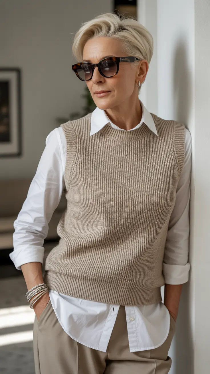 Spring Outfits for Women Over 50 Beige Knit Vest Styling for Classic Casual Spring Layers