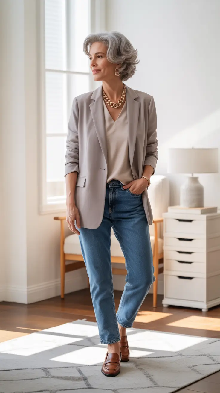 Spring Outfits for Women Over 50 Soft Neutral Blazer and Denim for Classic Casual Spring Style