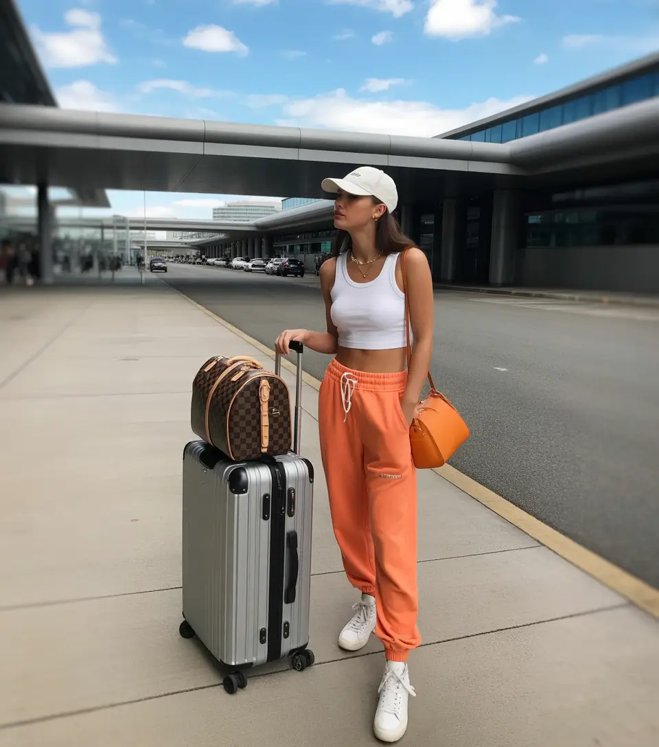 Spring travel outfits Orange Joggers and Caps for Sporty Sunshine Travel Days