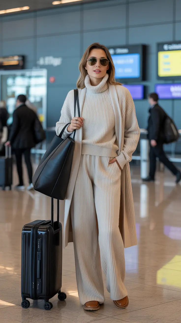 Spring travel outfits Cream Ribbed Knit Sets for Cozy European Airport Days