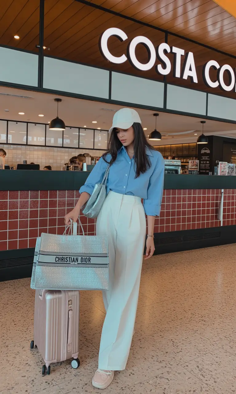 Spring travel outfits Sky-Blue Shirts and White Trousers for Fresh Spring Airport Minimalism