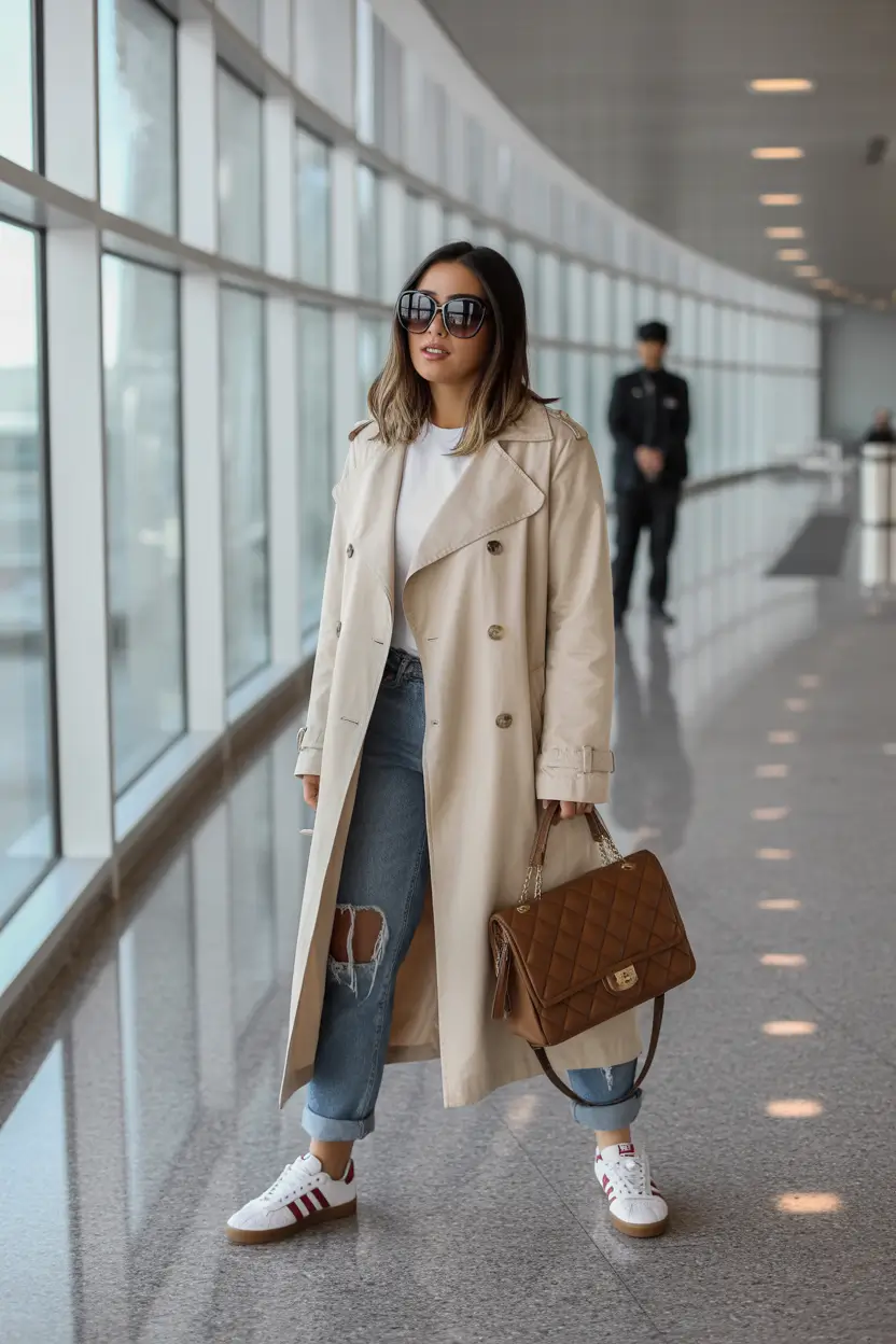 Spring travel outfits Trench Coats and Denim for Timeless European Airport Cool