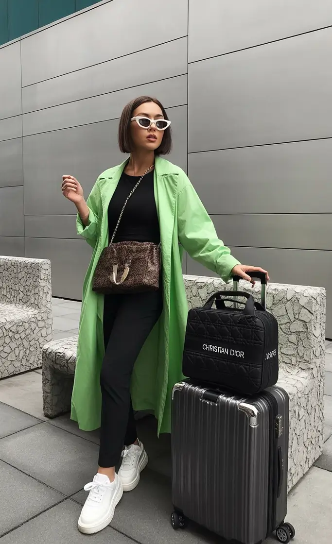 Spring travel outfits A Pop of Green for Chic City-to-Airport Transitions