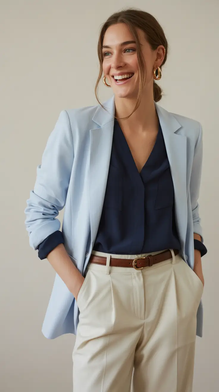 Spring Wardrobe Powder Blue Blazer Styling with Soft Feminine Ease
