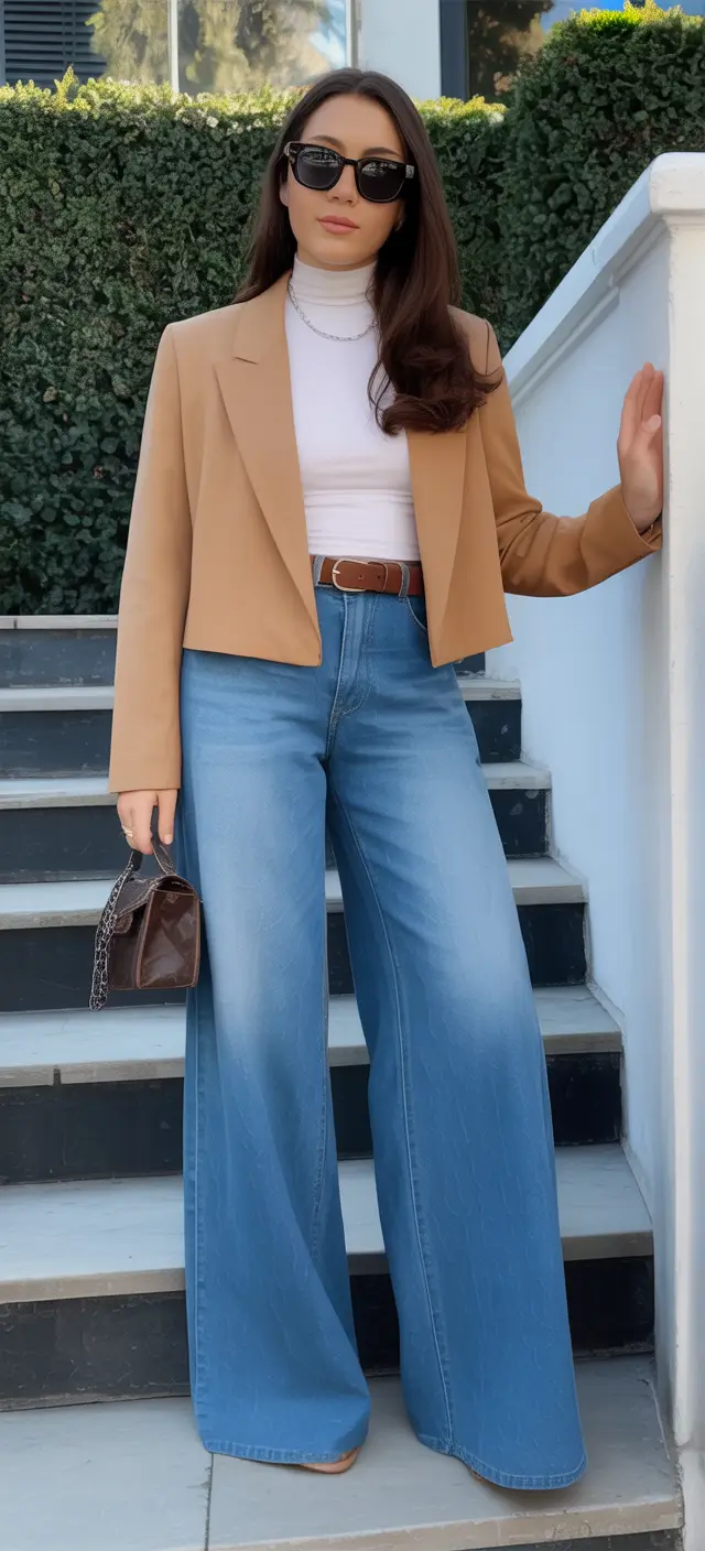 Spring Wardrobe Cropped Camel Blazer and Wide Denim for Spring Simplicity