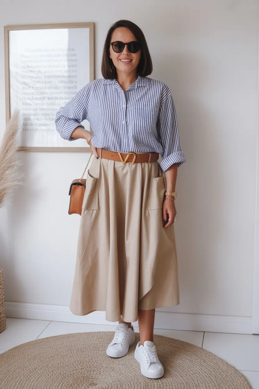 Spring Wardrobe Striped Shirt and Midi Skirt for Classic Spring Ease