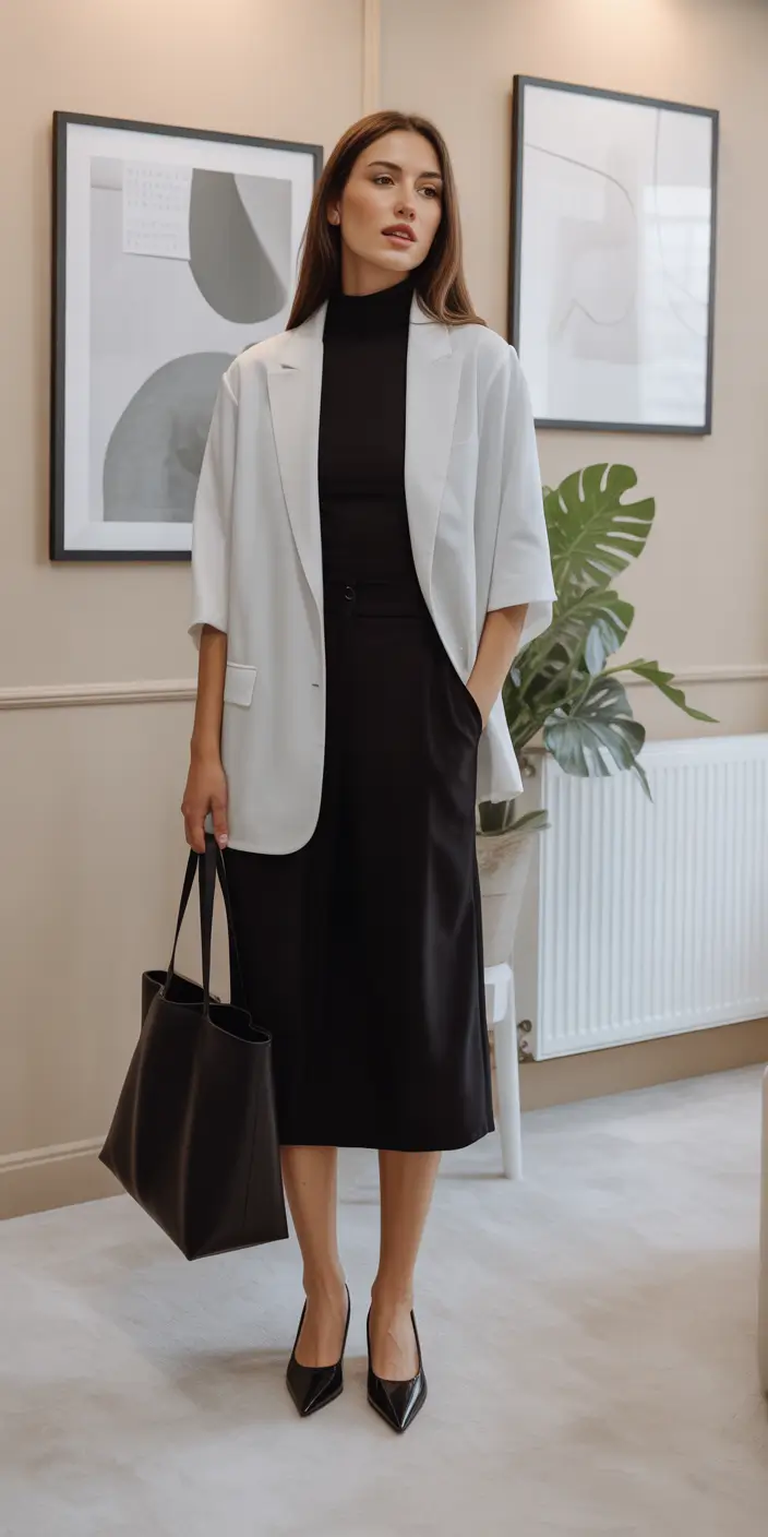 Spring Wardrobe Minimal Black Dress and Light Blazer for Modern Contrast