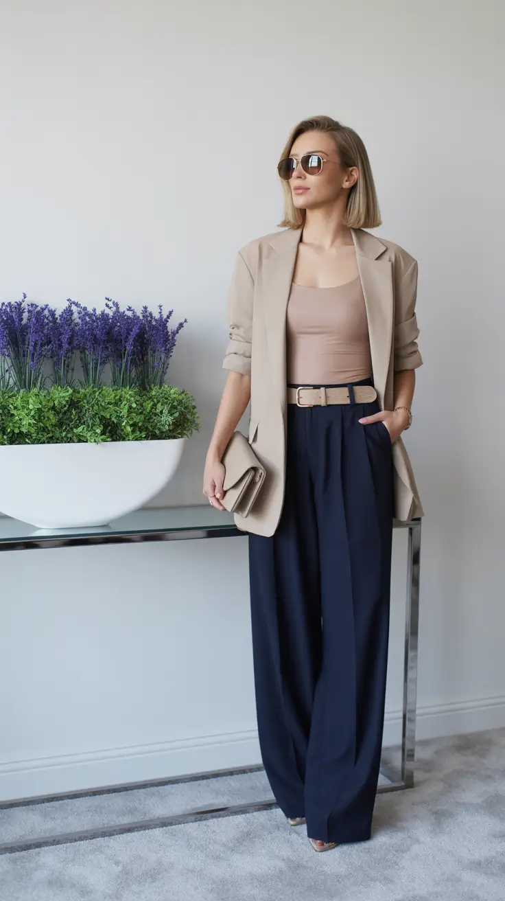 Spring Wardrobe Neutral Tank and Navy Trousers for Effortless Capsule Balance