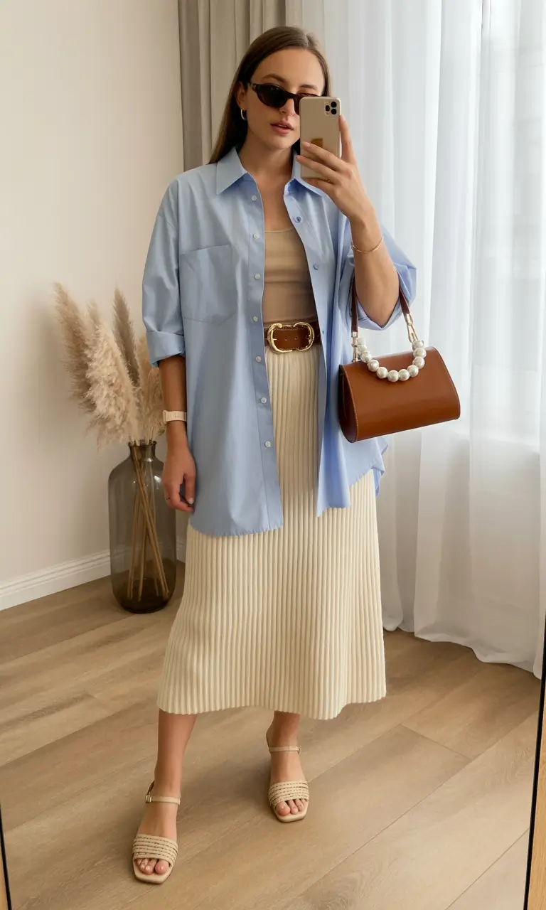 Spring Wardrobe Soft Blue Shirt Layers with Pearls and Feminine Ease