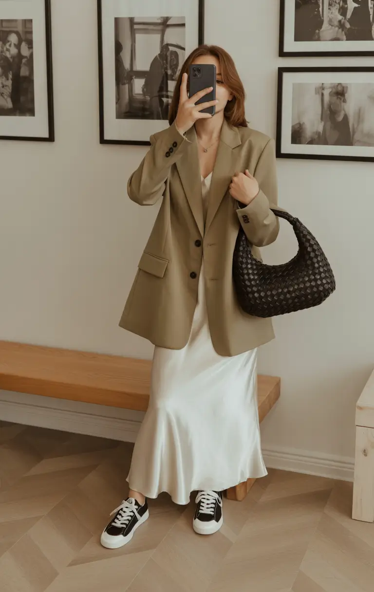 Spring Wardrobe Slip Dress Ease with Relaxed Blazer Balance