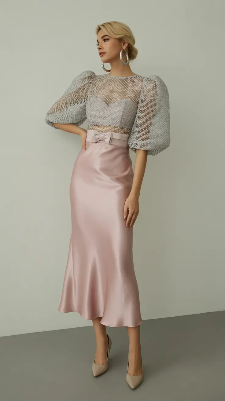 spring wedding outfit Blush Satin and Sheer Sleeves for Modern Fairytale Elegance