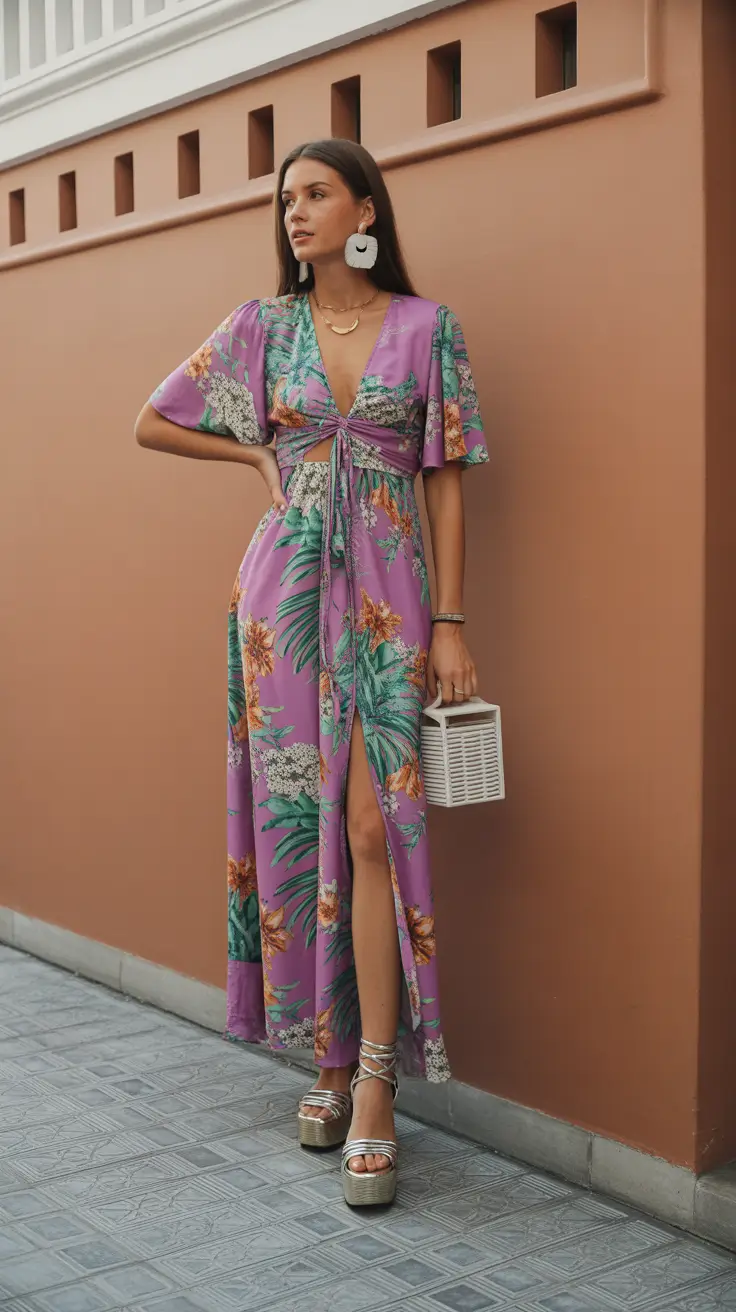 spring wedding outfit Tropical Purple Prints for Destination Wedding Energy