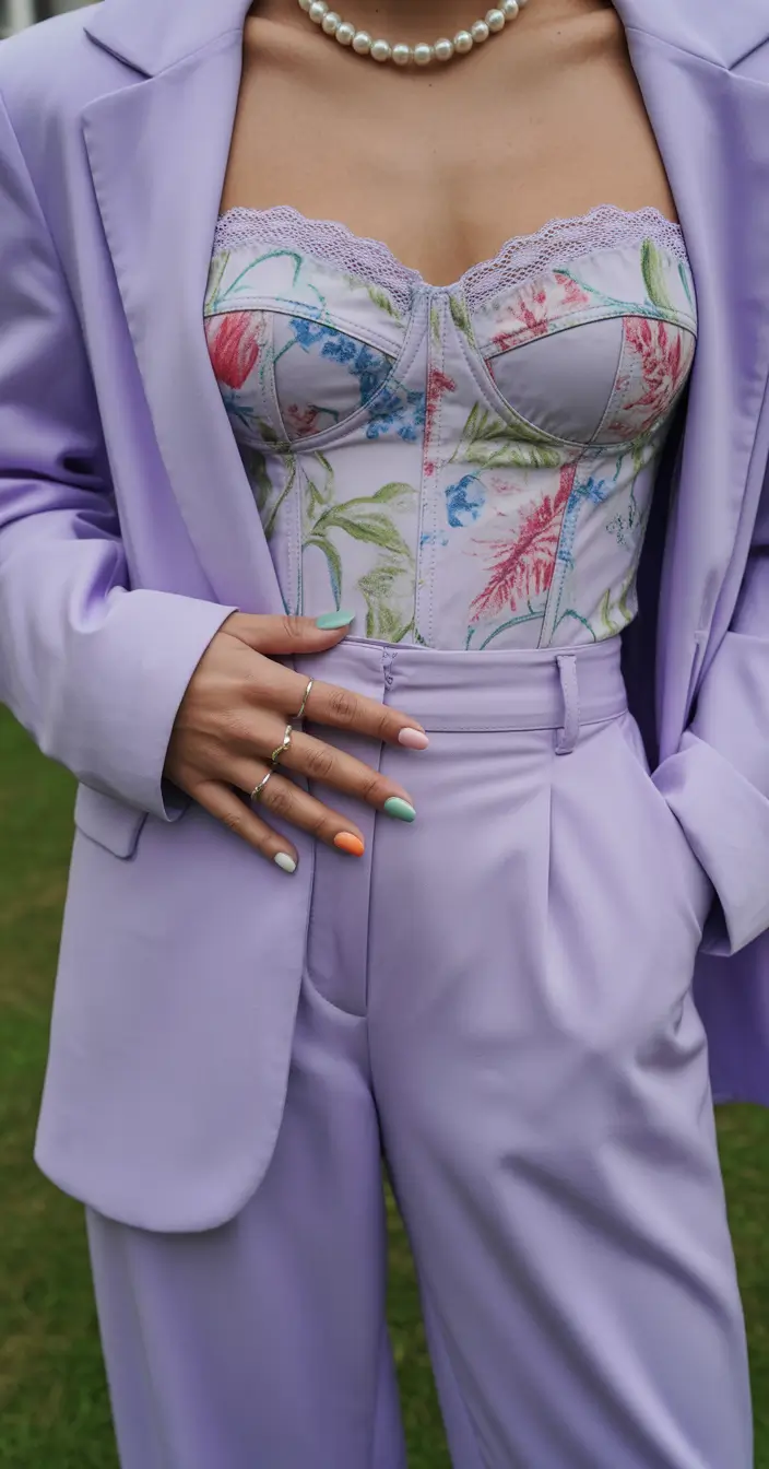 spring wedding outfit Lilac Suiting with Corset Details for a Bold Guest Moment