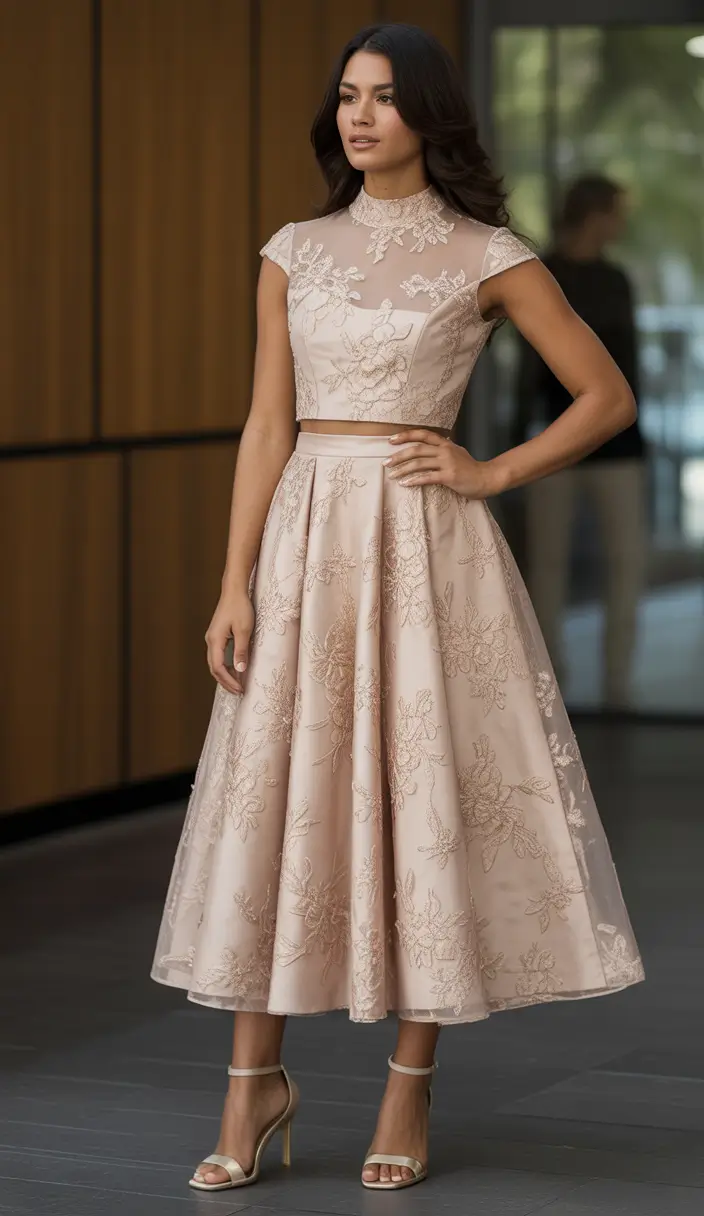 spring wedding outfit Champagne Two-Piece Elegance with Couture Energy