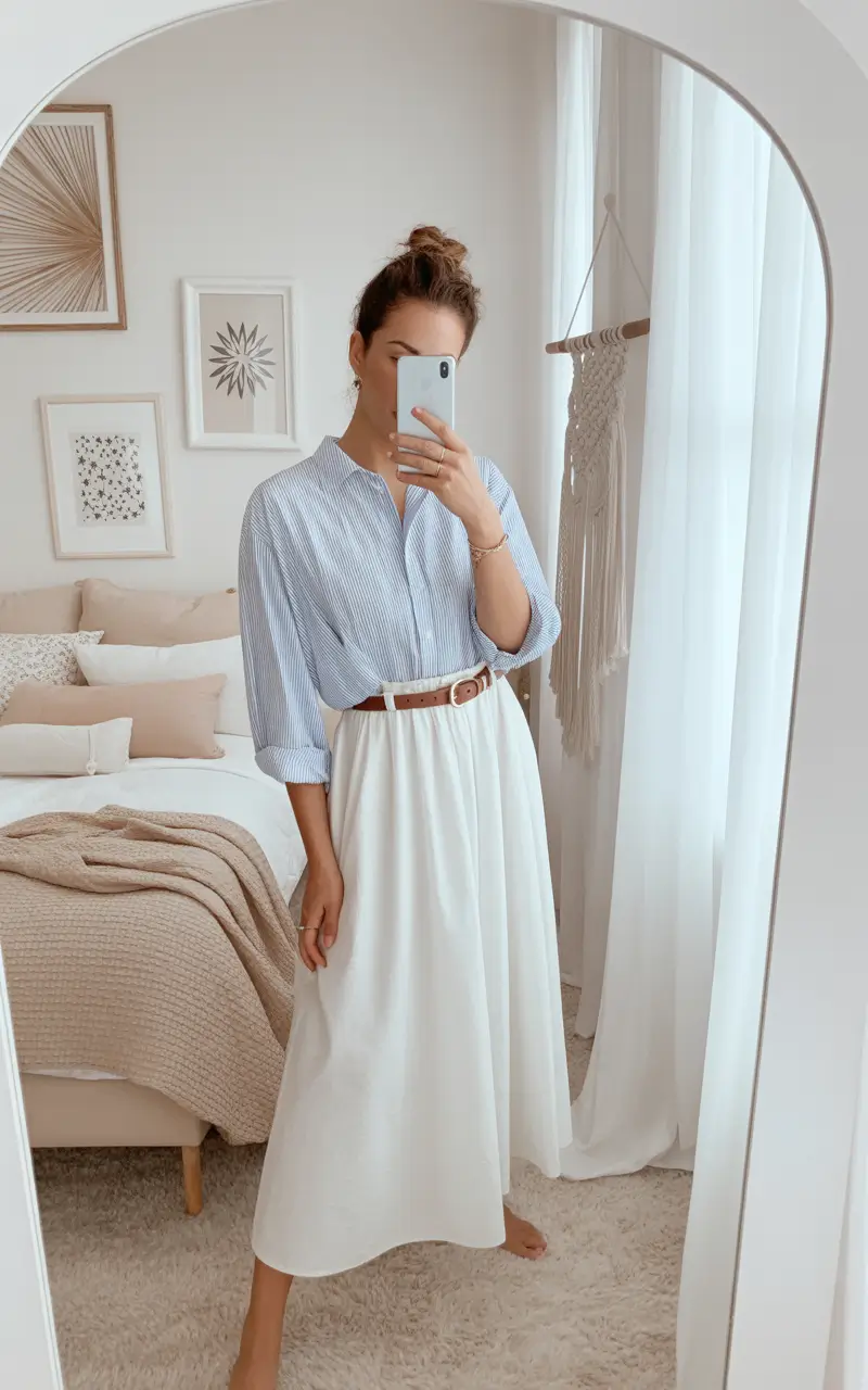 spring skirt outfits Crisp Whites and Soft Blues for Effortless Mornings