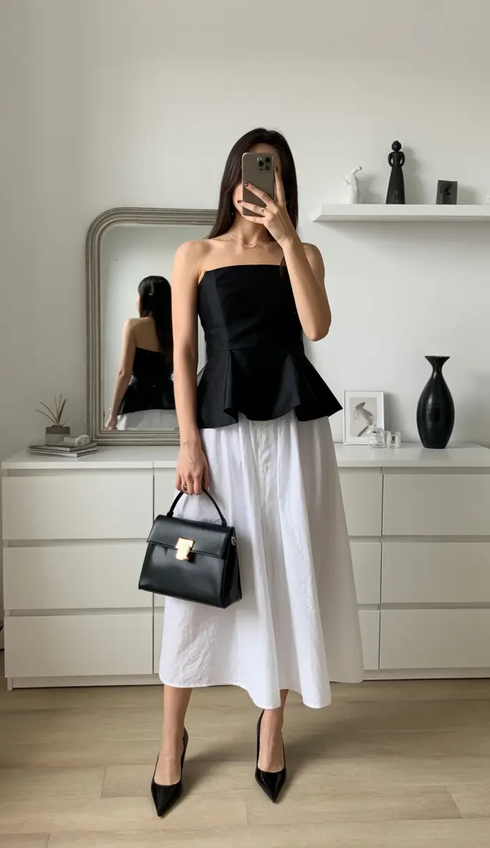 spring skirt outfits Modern Contrast with Black and White Precision