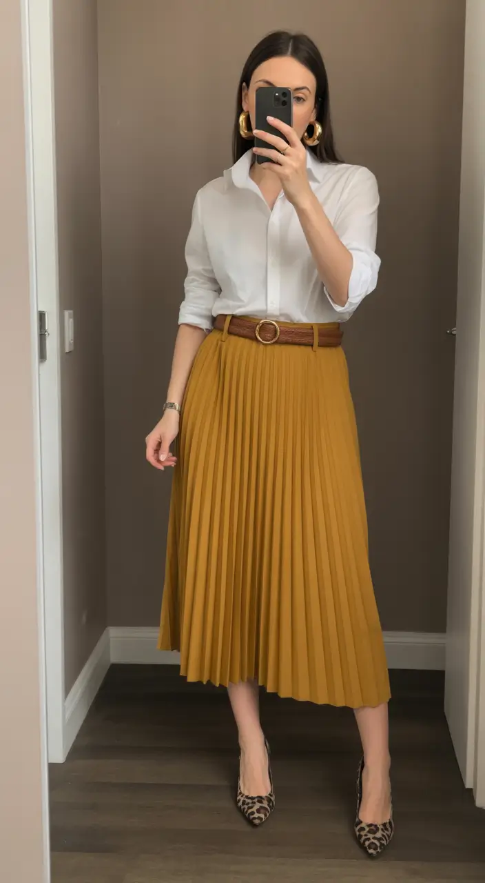 spring skirt outfits Mustard Pleats and Quiet Confidence at Work