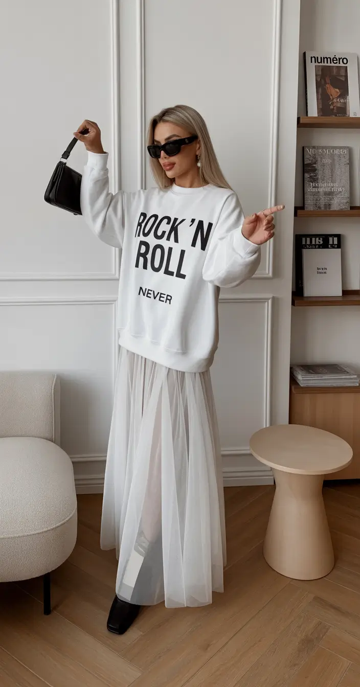 spring skirt outfits Graphic Sweatshirts Meet Sheer Movement