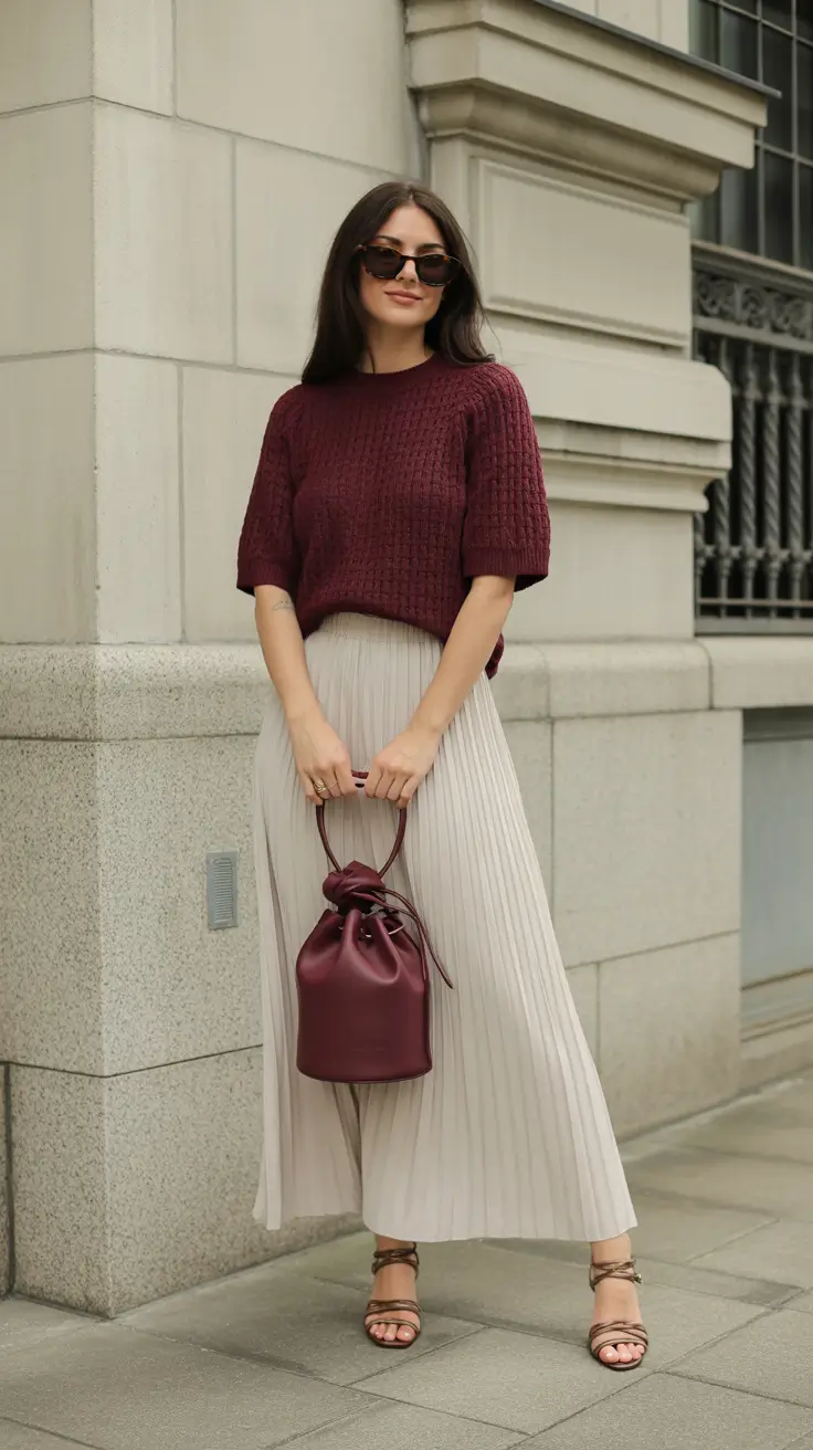 spring skirt outfits Neutral Pleats and Quiet Confidence
