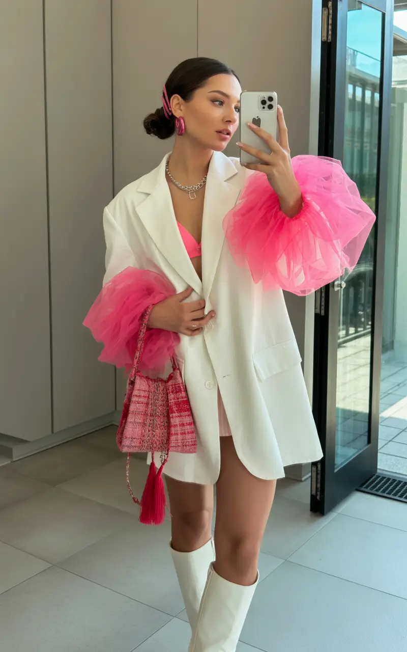 spring birthday outfit White Tailoring With Pink Tulle for a Fashion-Forward Birthday