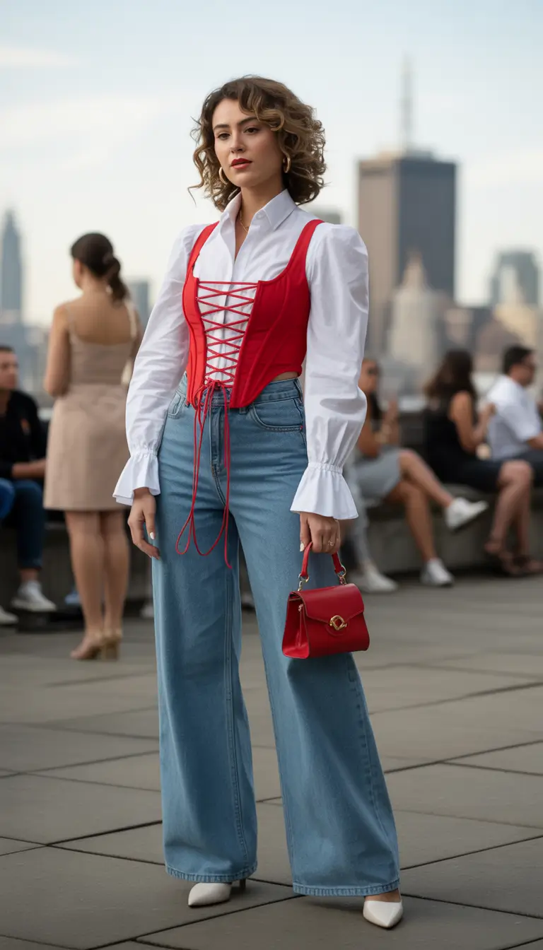 spring birthday outfit Red Corset and Denim for a Modern Birthday Edge