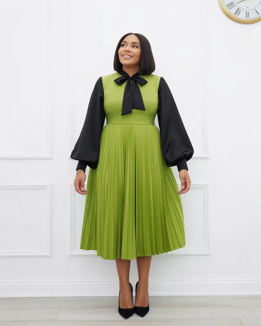 spring dress outfits Olive Pleated Midi with Black Bow for Elegant Church Spring Style
