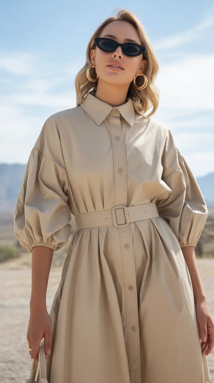 spring dress outfits Beige Belted Shirt Dress for Chic Minimal Spring Days