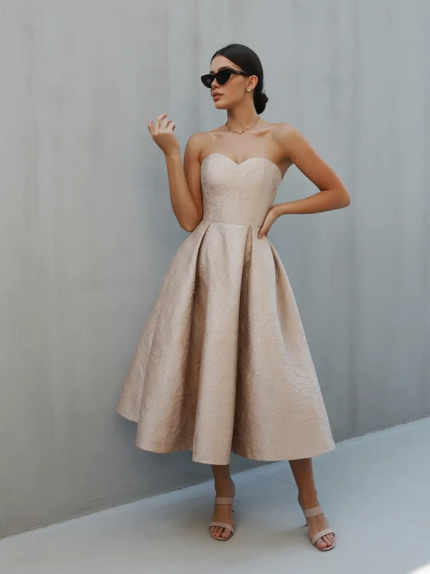 spring dress outfits Champagne Strapless Midi for Classy Spring Event Glam