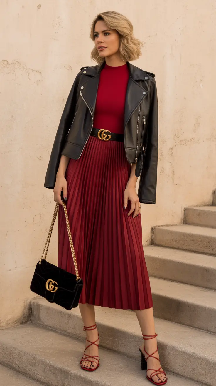 spring dress outfits Red Pleated Midi with Leather Jacket for Classy Spring Contrast