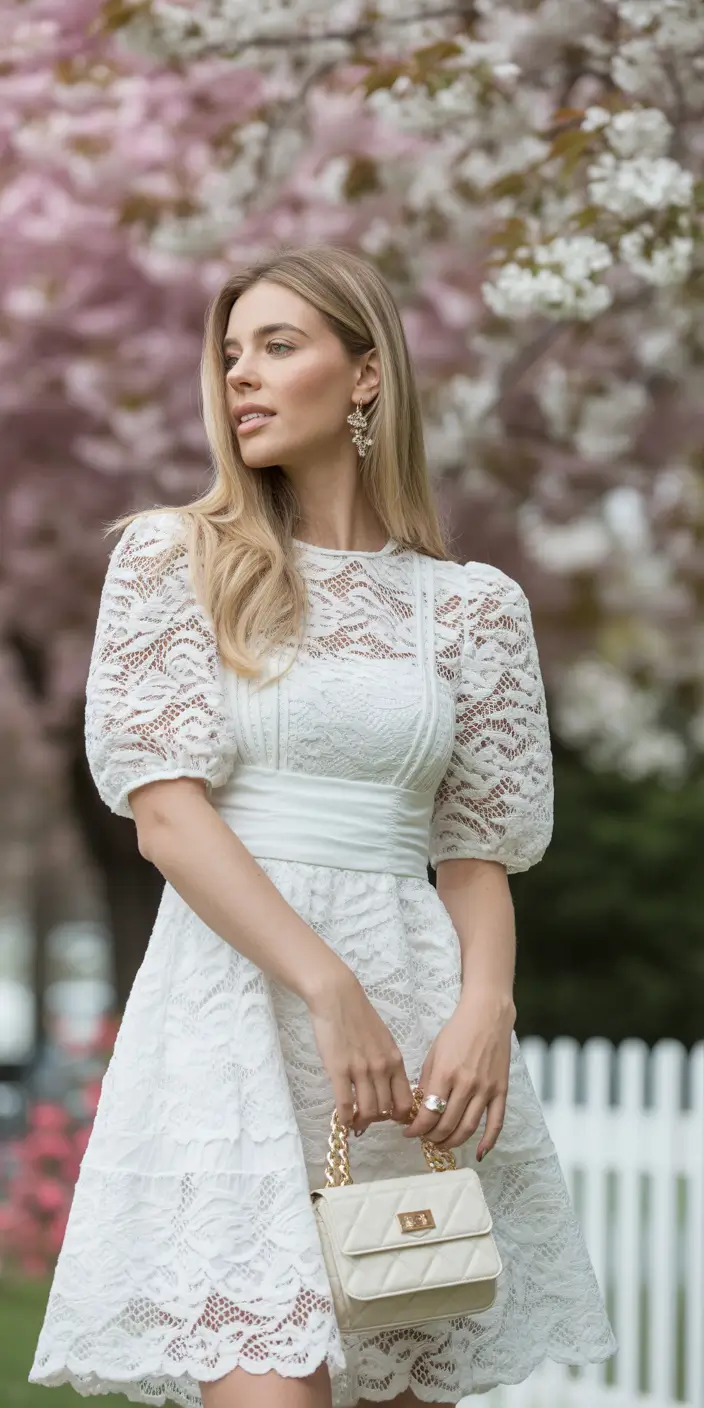 spring dress outfits White Lace Puff-Sleeve Elegance for Garden Moments