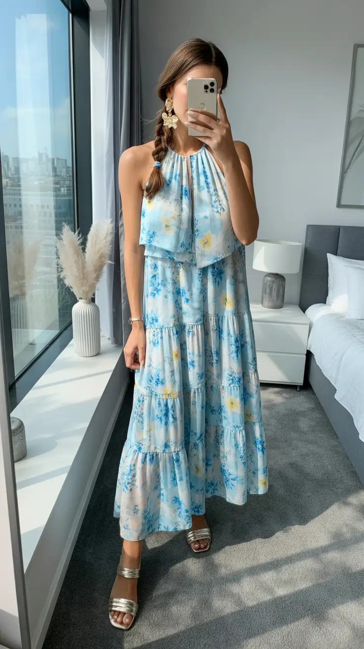 spring dress outfits Blue Floral Tiered Maxi for Breezy Casual Spring Strolls