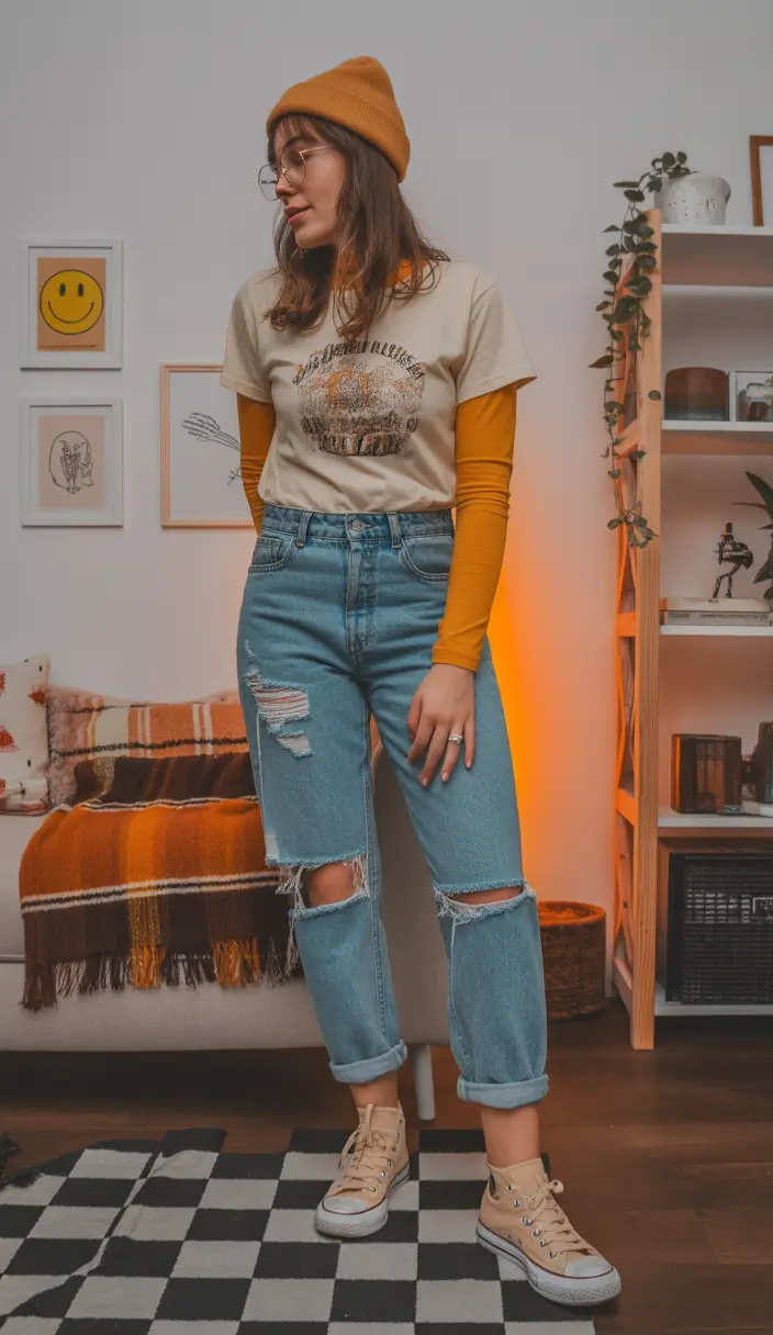 spring jeans outfit Layered Neutrals With a Vintage Heart