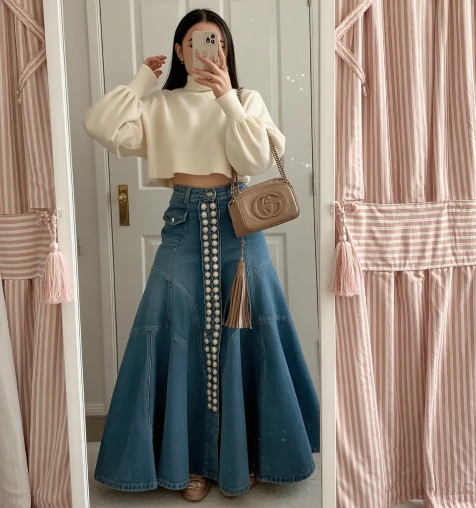 spring jeans outfit Statement Denim Skirt Soft Spring Layers