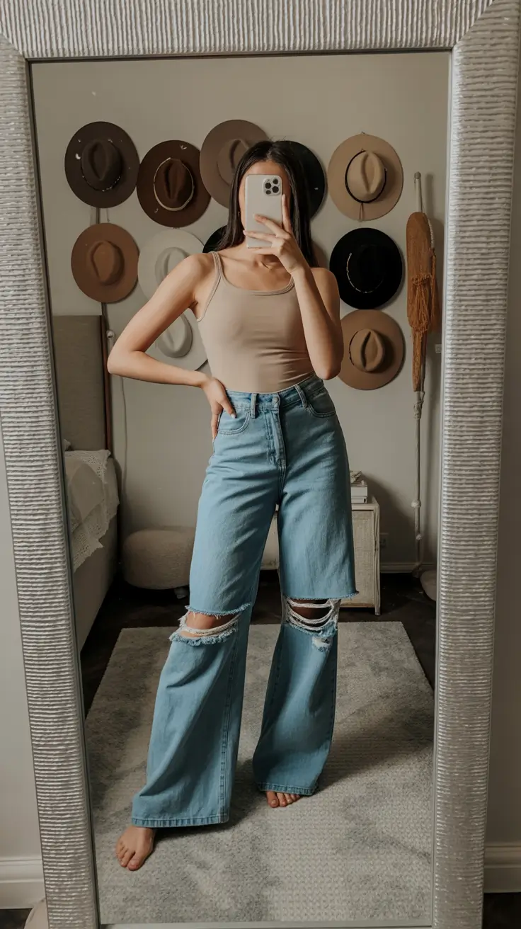 spring jeans outfit Neutral Tank Ripped Denim Minimalism