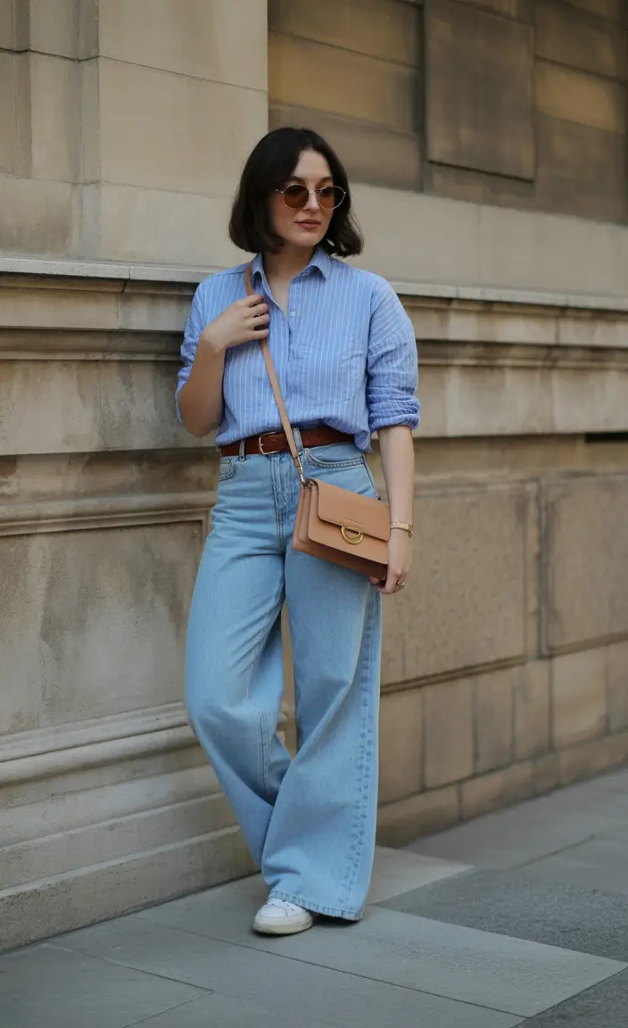 spring jeans outfit Blue Shirt Wide Jeans Quiet Confidence