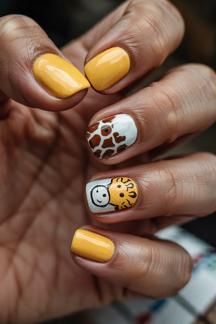 cute spring nails Sunny Yellow With Tiny Animal Art - The Unexpected Spring Joy