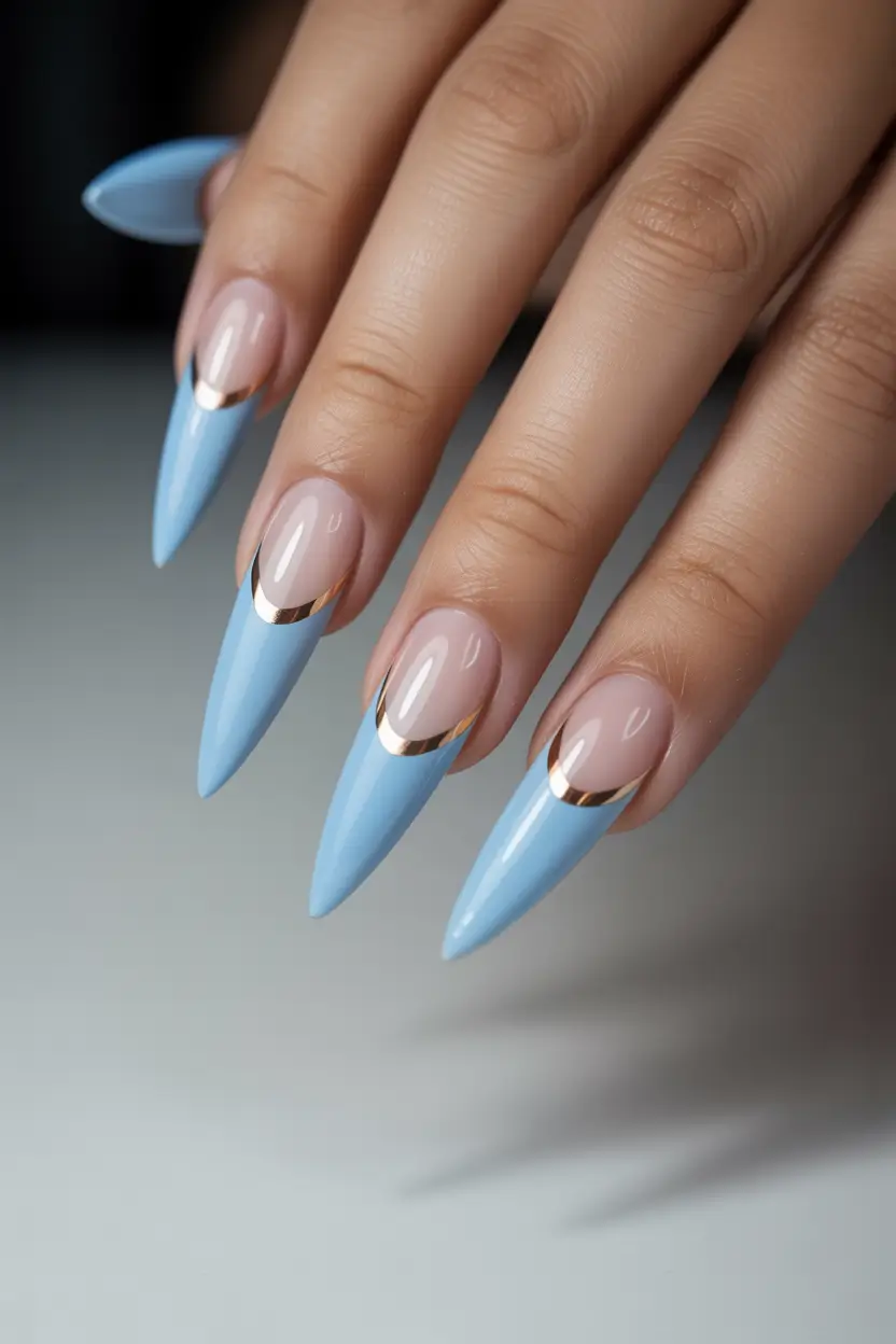 cute spring nails Powder Blue Stiletto French With Gold - The Main Character Spring Set