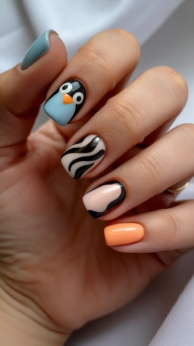 cute spring nails Mixed Graphic Spring Nails - Penguins Swirls and Peachy Pop