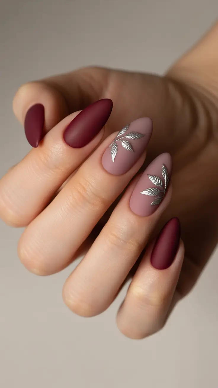 cute spring nails Matte Berry and Silver Leaves - Moody Spring Elegance