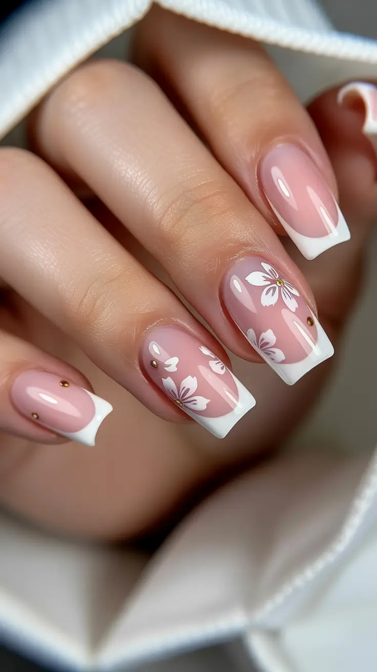 cute spring nails Cherry Blossom French - Soft Pink Tips With a Floral Twist