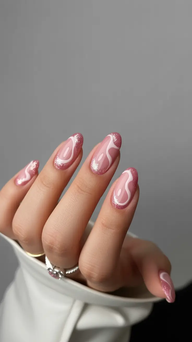 cute spring nails Pink Glazed Swirls - A Sparkly Take on the Clean-Girl Wave