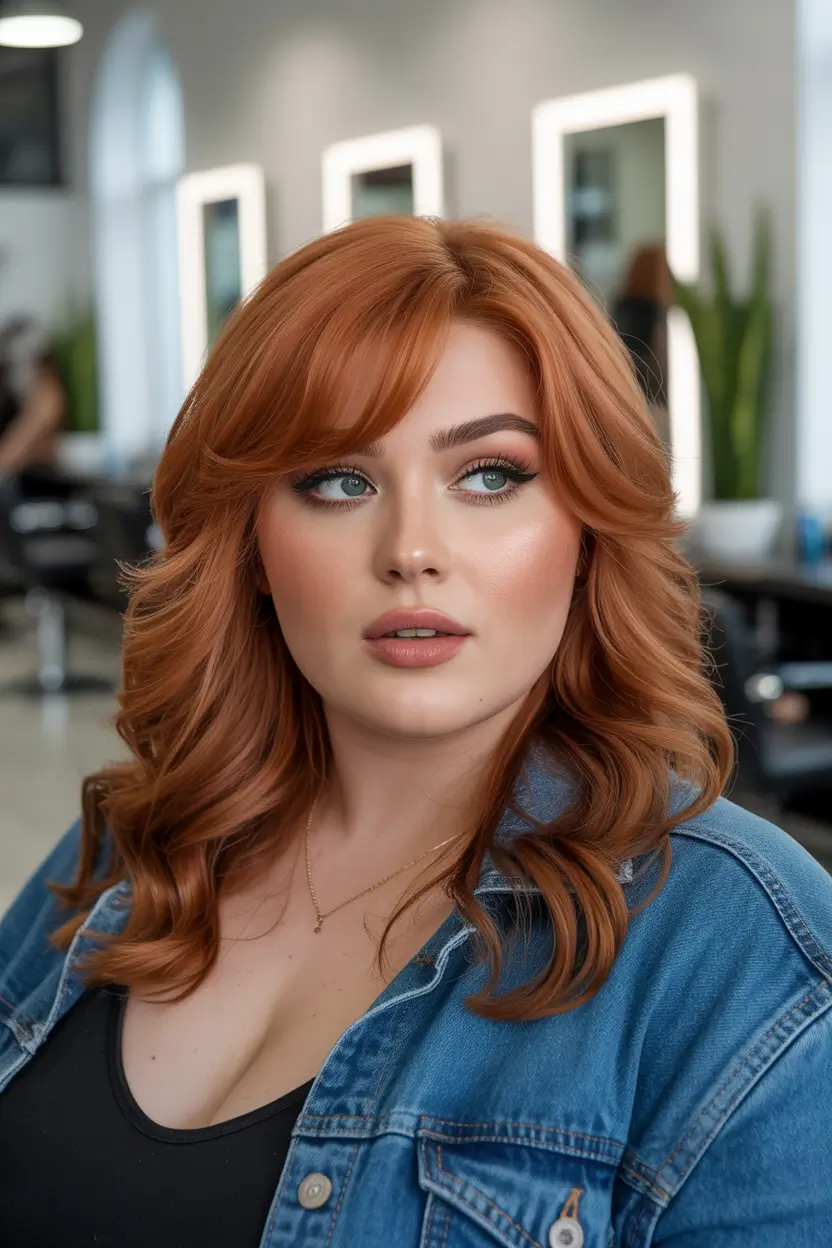 Spring Haircuts for Chubby Faces Soft Copper Layered Medium Length With Curtain Movement