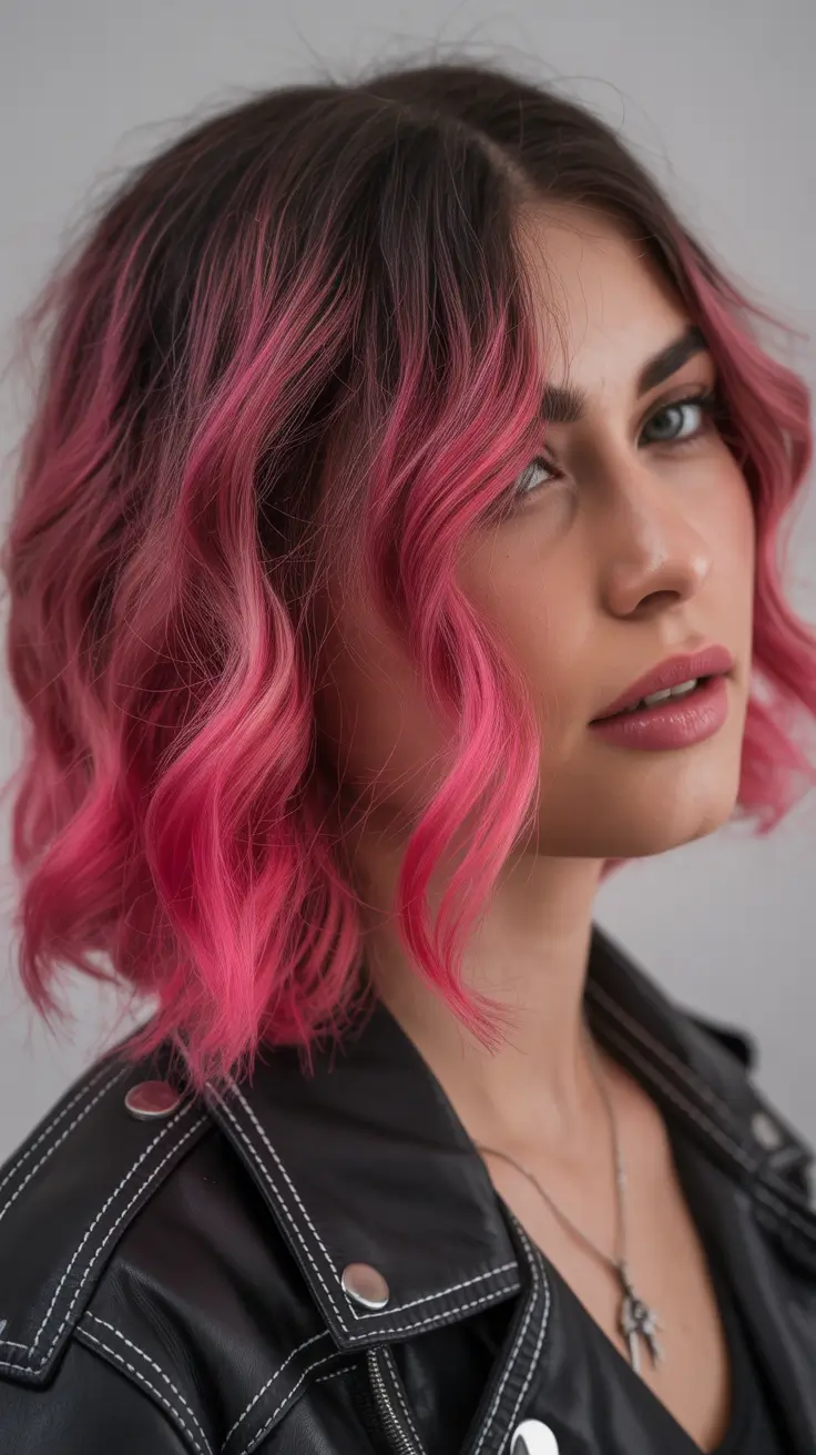 Spring Haircuts for Chubby Faces Playful Pink Wavy Lob With Modern Edge