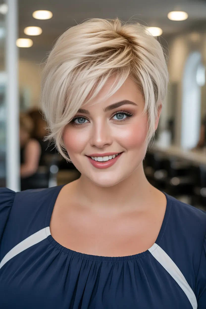 Spring Haircuts for Chubby Faces Layered Platinum Pixie With Airy Movement