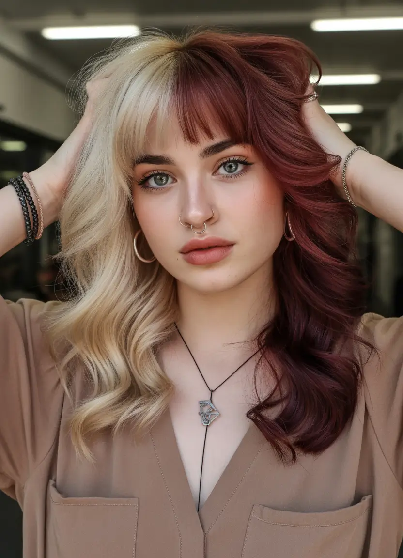 spring hair color trends Split Tone Blonde and Burgundy for Maximum Contrast