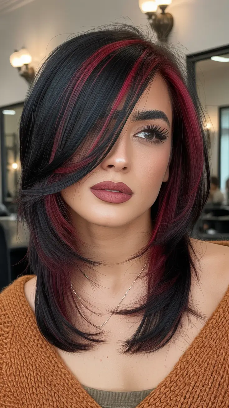spring hair color trends Jet Black Layers with Crimson Highlights