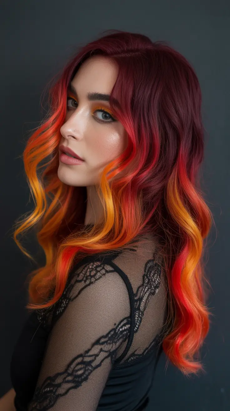 spring hair color trends Molten Red and Golden Flame Waves for High Impact Glam