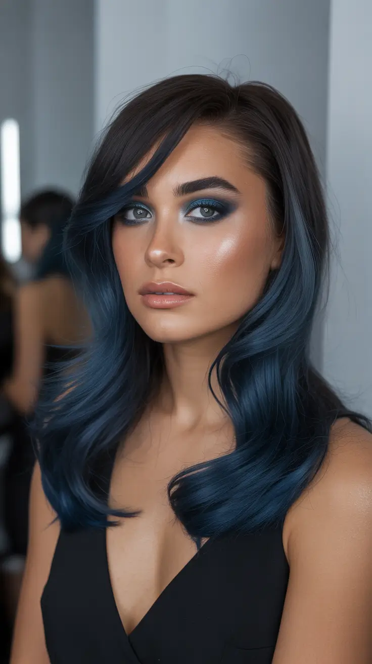 spring hair color trends Midnight Blue Gloss Layers for Chic Evening Drama