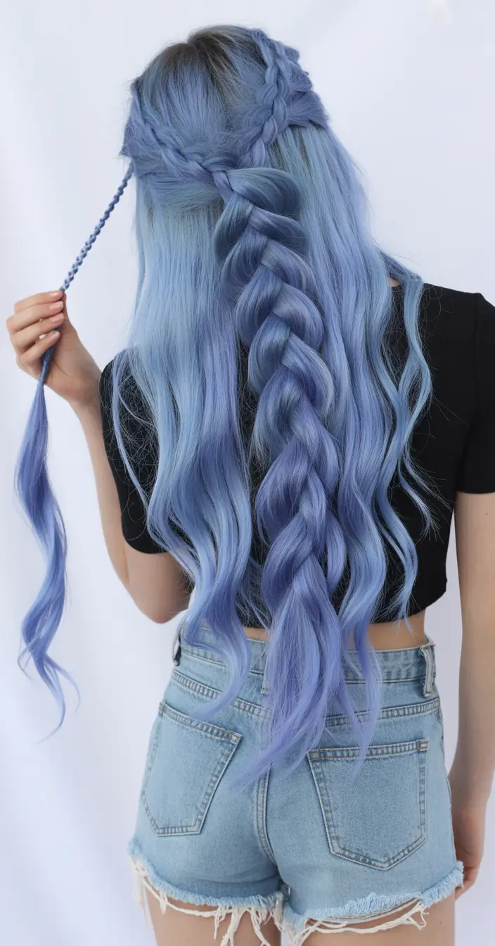 spring hair color trends Ice Blue Fantasy Length with Braided Detail