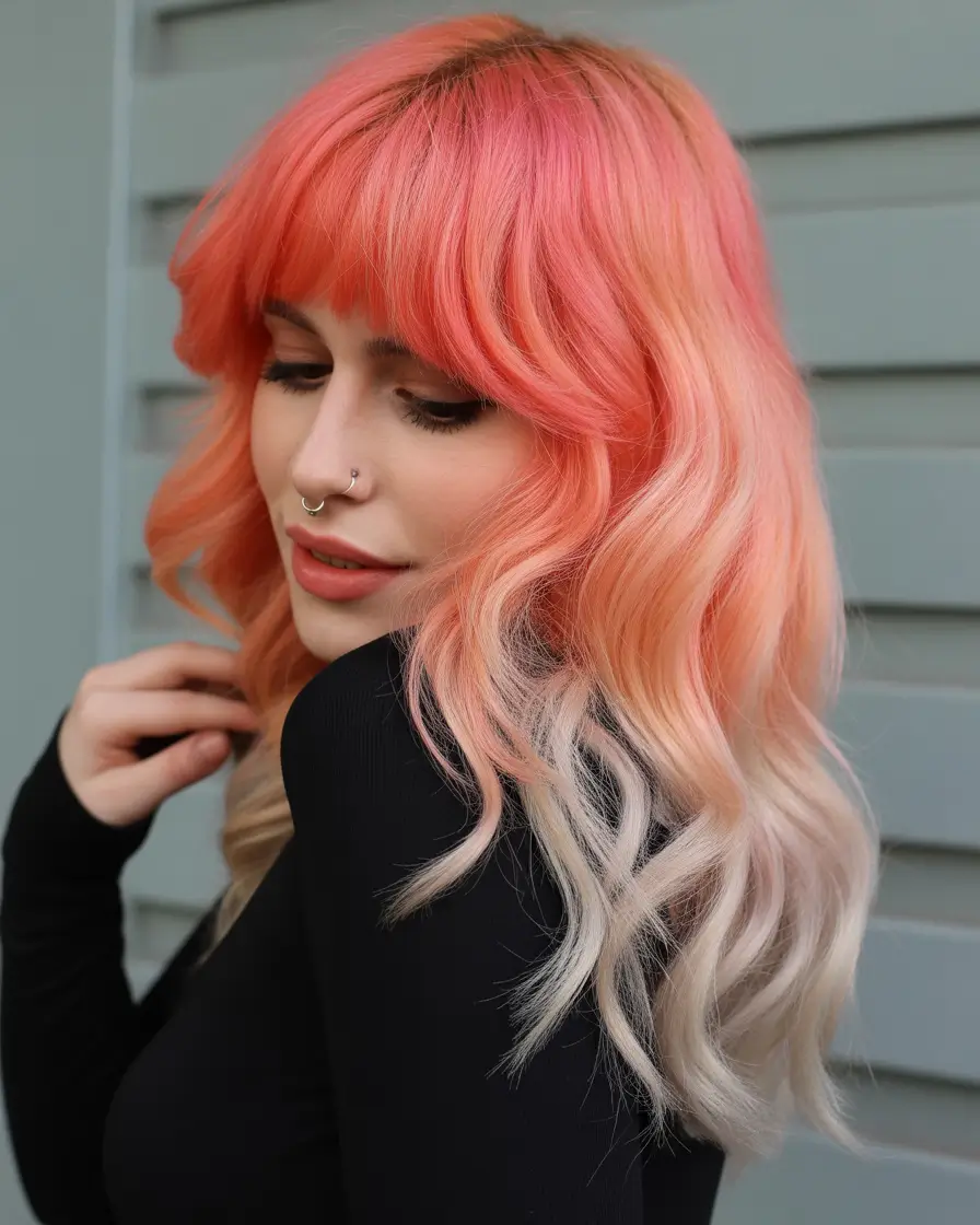 spring hair color trends Sunset Coral Ombre with Soft Fringe Layers